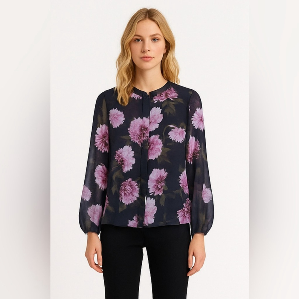 Hugo Boss Navy and Pink Floral Blouse Sheer – Size 4